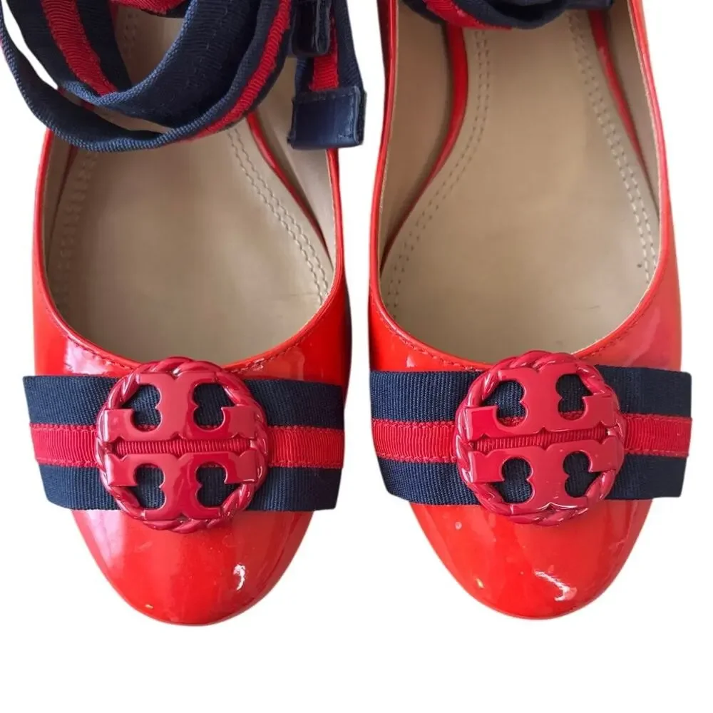 Tory Burch Maritime Ankle Wrap Ballet Flats Red Navy Patent Size 9